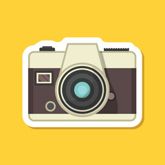 Photo camera sticker icon in flat style. Photography equipment vector illustration on isolated background. Professional photographic sign business concept.