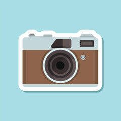 Photo camera sticker icon in flat style. Photography equipment vector illustration on isolated background. Professional photographic sign business concept.