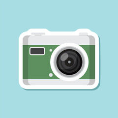 Photo camera sticker icon in flat style. Photography equipment vector illustration on isolated background. Professional photographic sign business concept.