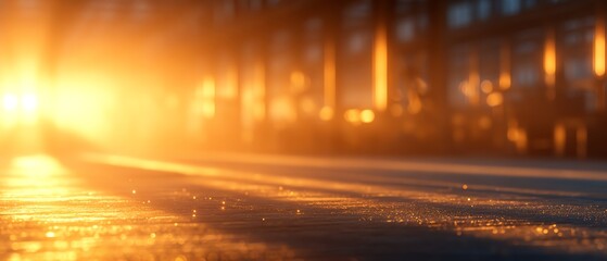 A serene interior scene illuminated by warm sunlight streaming through large windows, creating a tranquil atmosphere.