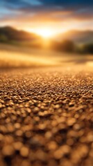 A serene landscape at sunset, with golden light illuminating the textured ground and rolling hills in the distance.