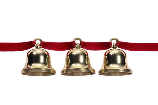 Festive golden bells on red ribbon create elegant Christmas holiday mood for seasonal design