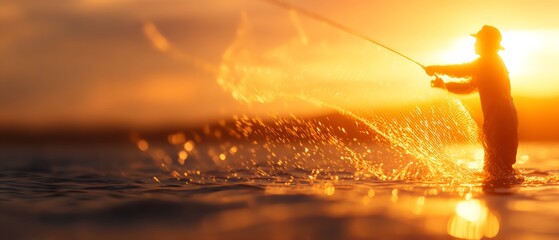 A serene scene of a person fishing at sunset, capturing the tranquility of nature and the joy of outdoor activities.