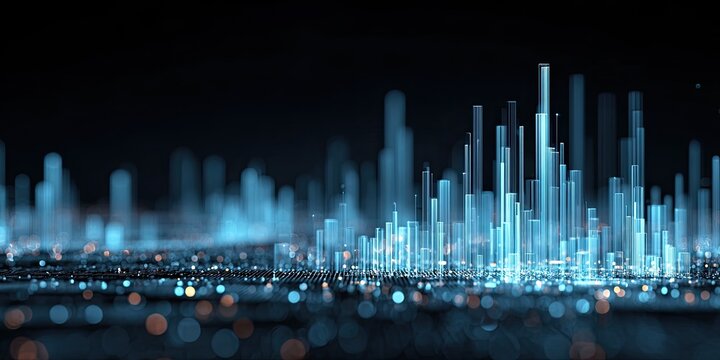 Abstract illustration of a futuristic city skyline, composed of glowing, pixelated vertical structures