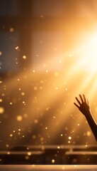 A silhouette hand reaching towards radiant sunlight, symbolizing hope and aspiration amidst a dreamy atmosphere.