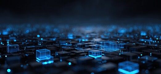 Abstract digital landscape of glowing blue cubes and dots. Dark, futuristic, tech background, 3D render