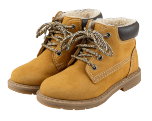 Pair of warm yellow suede winter boot for casual fashion. Cozy and comfortable shoe footwear for cold weather protection, isolated on transparency background for design