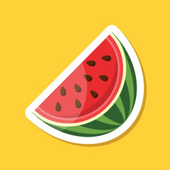Watermelon sticker icon in flat style. Fresh sweet and healthy fruit vector illustration on isolated background. Summer food sign business concept.