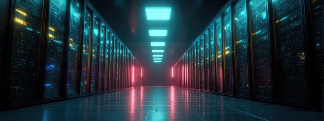 A futuristic, symmetrical server room bathed in vibrant blue and red lighting, emphasizing data