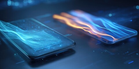 Two illuminated transparent devices, showing digital energy waves of blue and orange hues