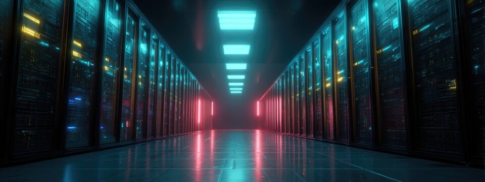 A futuristic, symmetrical server room bathed in vibrant blue and red lighting, emphasizing data