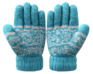 Cozy pair of blue and white winter knit gloves with festive snowflake pattern. Warm and stylish accessory for cold weather, isolated on background for easy use