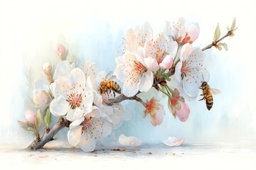 Beautiful cherry blossom branch with bees, showcasing nature's harmony and springtime beauty.