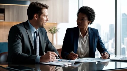 A man and woman review financial documents at a table in a modern office. The man and woman analyze data from the financial documents during their discussion.