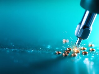 A precision tool creating sparks on a surface with metal particles, highlighting innovation and craftsmanship.