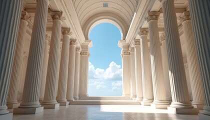 Grand white colonnade with classical columns and archway leading to blue sky with clouds. Sunlight casts shadows on marble floor. Elegant neoclassical architecture.