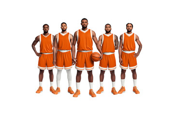 Dynamic team of basketball players ready for action with focus and unity, teamwork and dedication