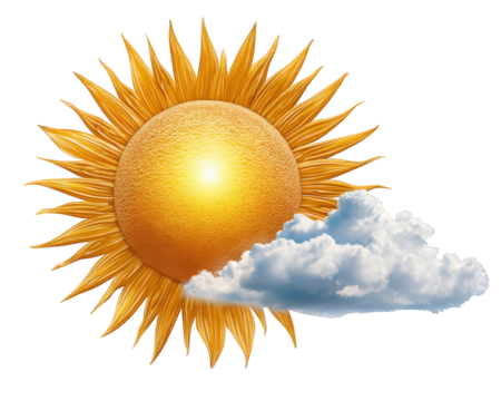 Happy bright sun and cloud weather symbol for sunshine forecast. An isolated illustration of partly cloudy sky icon, symbolizing warmth and optimism for day