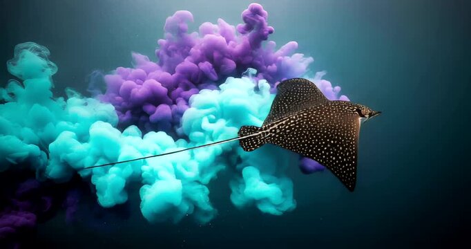Majestic stingray gliding through vibrant underwater smoke clouds (1)