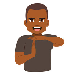 Vector cartoon illustration of a young person making a pause gesture with both hands. Clip art concept for stop, break, control and communication through body language