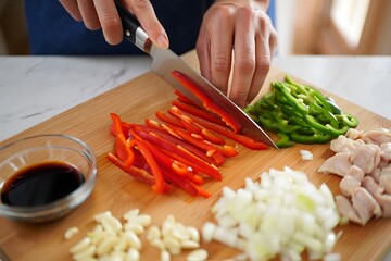 Hands chopping fresh red bell peppers and vegetables on a wooden cutting board for cooking