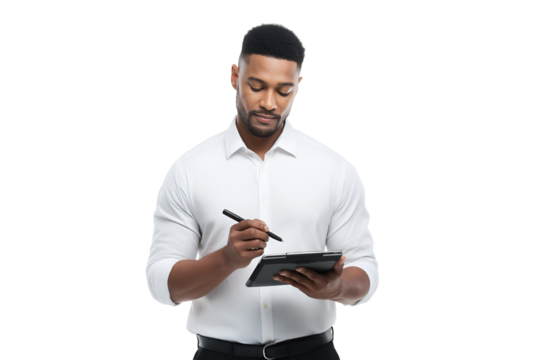 Professional black businessman using tablet with stylus for modern business strategy planning