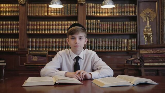 Jewish boy with books in the synagogue.