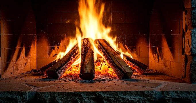 Cozy fireplace with crackling firewood, warm glow illuminating stone hearth