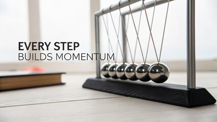Momentum demonstration with newtons cradle in bright workspace
