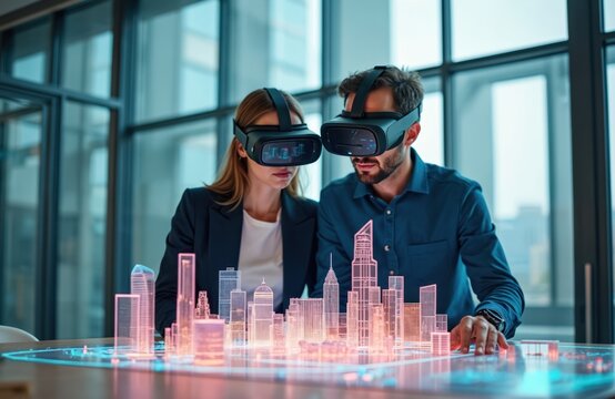 Two architects wear VR glasses. They work with 3D model city. Woman and man design urban project. They use modern augmented reality for innovative tech work in office.