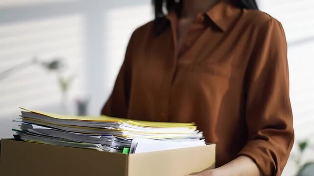 Close up of woman in brown shirt carrying cardboard box filled with documents and folders through bright office hallway in morning light