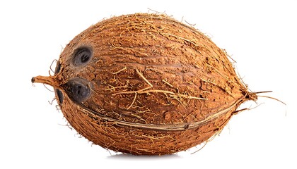 A single mature coconut, isolated on a white background, studio shot
