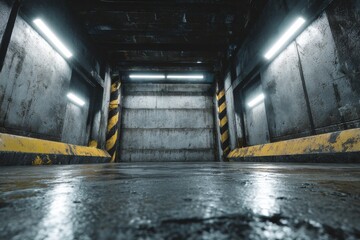 Industrial underground garage with wet concrete floor and yellow hazard doors.