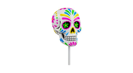 3D icon of a colorful sugar skull lollipop, glossy hard candy texture, simple patterns Isolated On Transparent Background