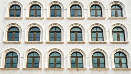 Fototapeta premium Architectural close up of arched windows on a white wall featuring symmetrical design elements