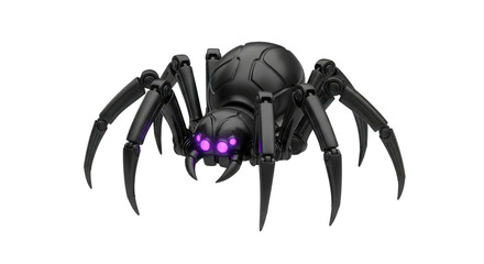 3D model of a single robotic spider, matte black solid body, glowing purple LED eyes, well-defined shape Isolated On Transparent Background
