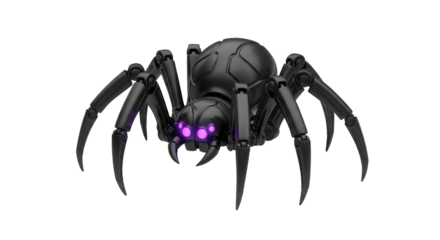 3D model of a single robotic spider, matte black solid body, glowing purple LED eyes, well-defined shape Isolated On Transparent Background