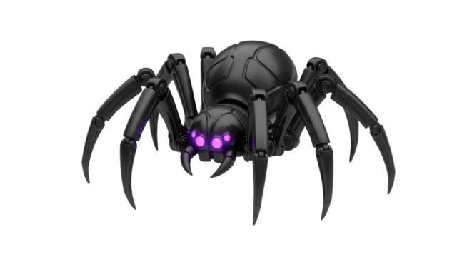 3D model of a single robotic spider, matte black solid body, glowing purple LED eyes, well-defined shape Isolated On Transparent Background