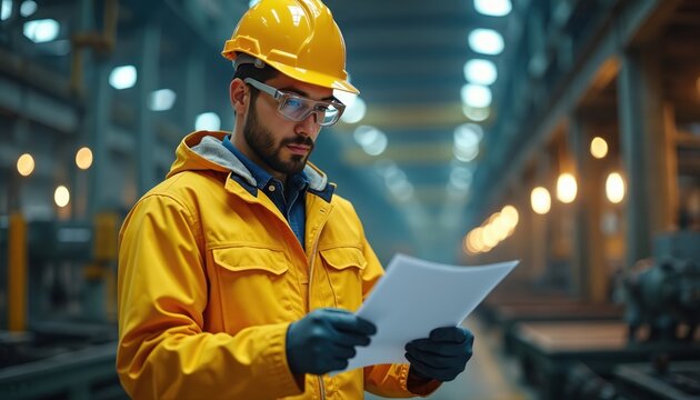 Man in yellow hard hat and safety gear reads document in factory. Industrial worker checks instructions. Male engineer or technician in protective wear reviews manual.