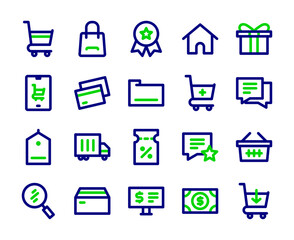 Set of Online Shopping Icons for Website and Application Design with Colored Outline Icon Style