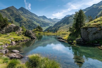 Mountain lake scenery crystal water and rocky shores under a bright sky