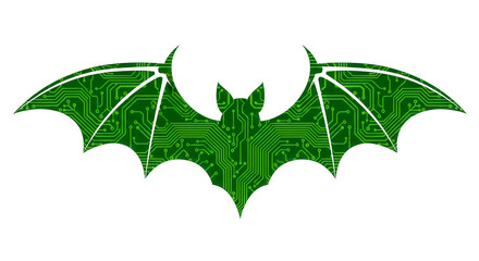 Graphic illustration of a single bat, its wings are made of solid, opaque green circuit board patterns, clean sharp edges Isolated On Transparent Background	