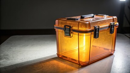 Transparent orange storage toolbox with modern design and soft lighting