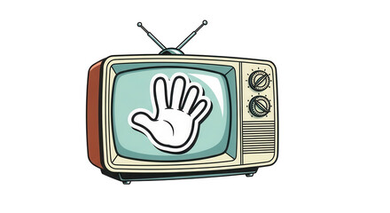 Vector illustration of a vintage TV set, with a solid white cartoon hand printed on the screen Isolated On Transparent Background	