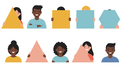 Diverse Group Of People Holding Geometric Shapes And Smiling - Community, Education, And Representation