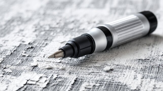 Closeup medium shot of a scratch adhesion tester scraping through a painted surface highlighting the tools tip and textured paint detail against a defocused industrial setting. - Powered by Adobe