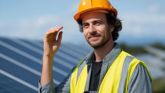 A focused young man in a bright orange hard hat and safety vest stands confidently in front of a row of solar panels, showcasing renewable energy innovation and sustainability practices.