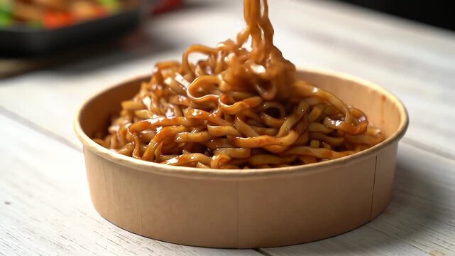 Street-style noodles tossed in a sizzling wok, flames flickering as the noodles glisten with sauce. They are served in a simple brown paper bowl, topped with fresh herbs and sesame seeds. The bowl res