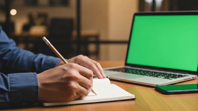 Close up of person writing notes in notebook beside open laptop with green screen and smartphone on wooden desk in softly lit modern workspace
