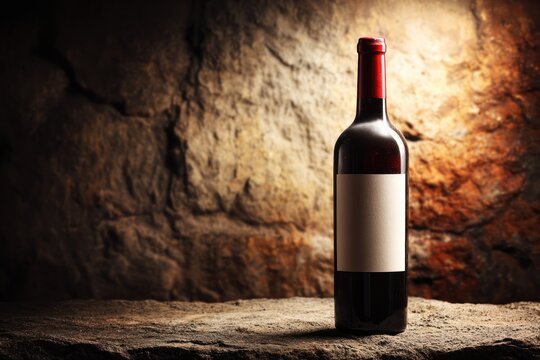 A bottle of red wine stands against a rustic rock wall, bathed in warm lighting